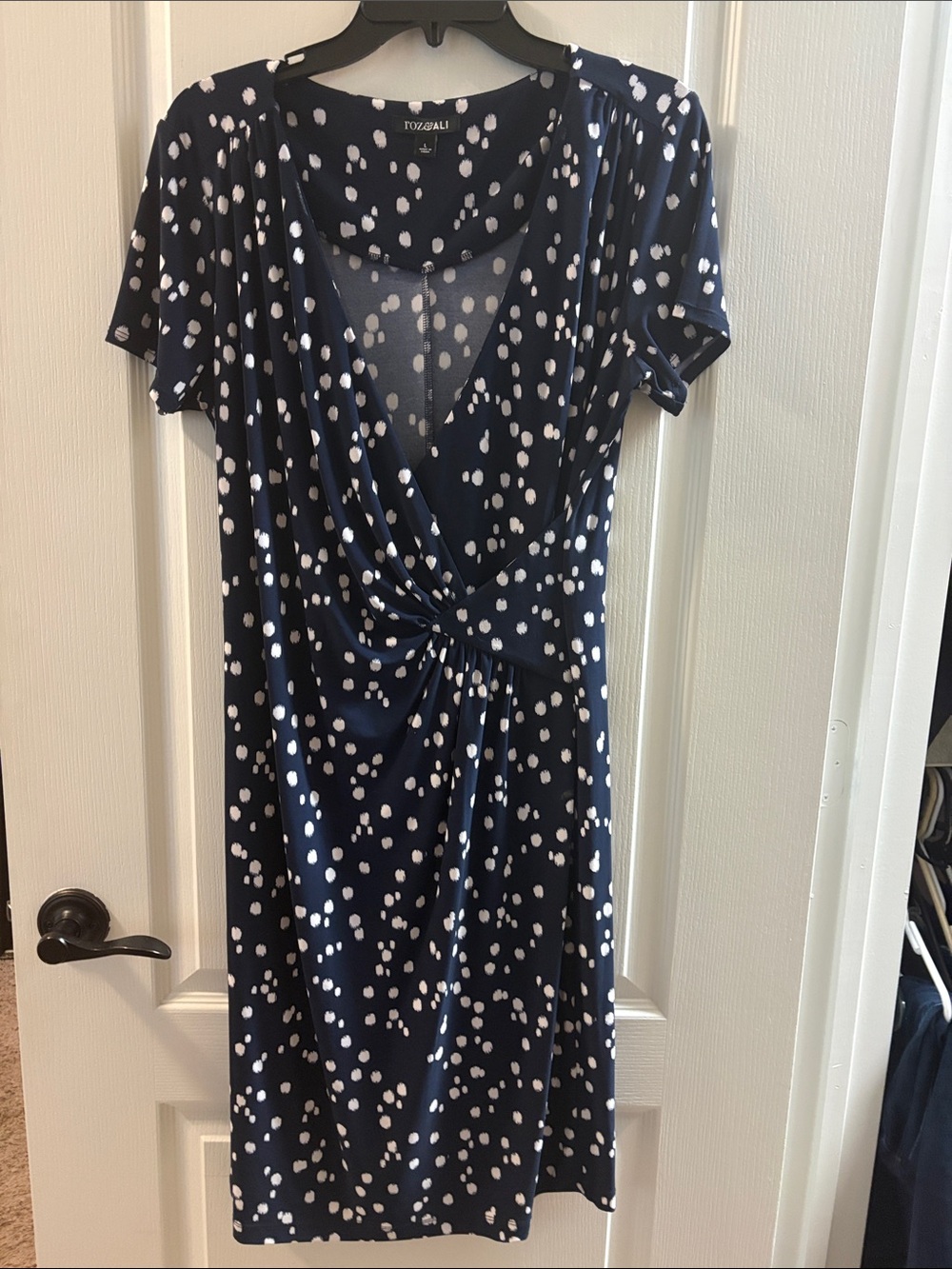 Roz & Ali Navy and White Polka Dot Twist-Front Midi Dress